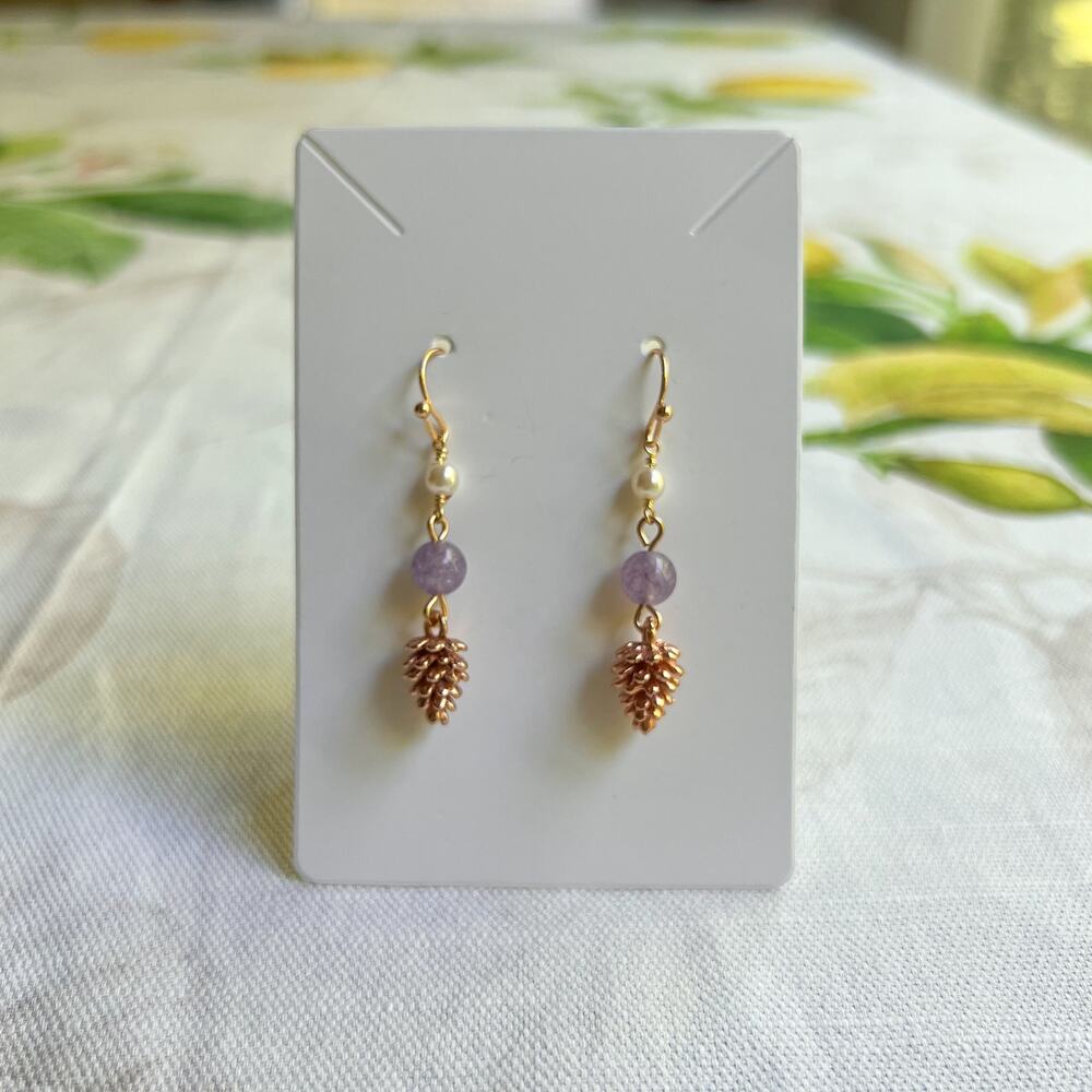 Amethyst Pearl Pinecone Earrings, Forest Autumn Fall Nature Casual Fun Earrings